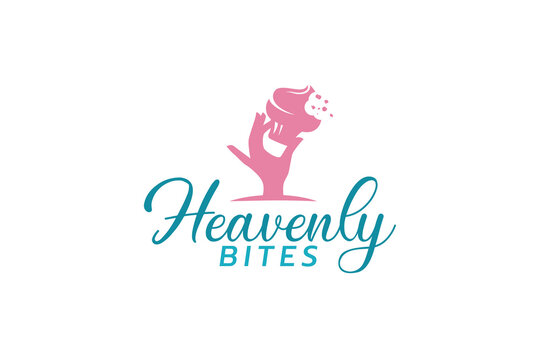 heavenly bites logo with a combination of a woman's hand holding a bitten cupcake and beautiful lettering for cafes, restaurants, bakery shops, etc.