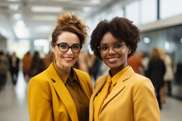 Two women in yellow suits and glasses are smiling for the camera