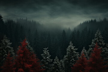 A forest with a few trees that are red and green
