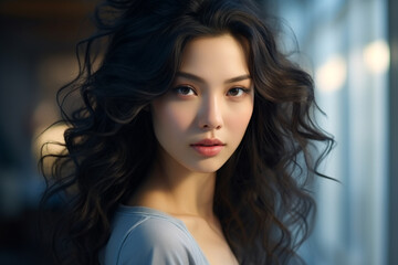 Fototapeta premium A woman with long hair and a blue shirt is looking at the camera