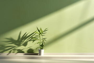 A potted plant sits on a ledge in front of a green wall