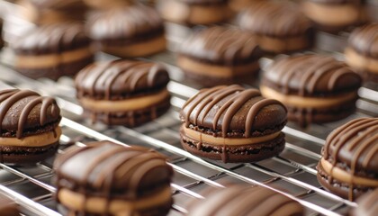 appetizing freshly made dessert french macarons covered with chocolate on a metal mesh