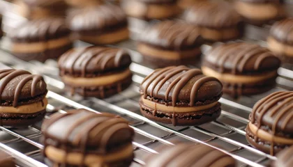 Fotobehang appetizing freshly made dessert french macarons covered with chocolate on a metal mesh © Salander Studio