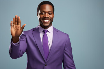 A man in a purple suit and tie is smiling and waving