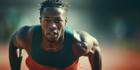 A man with a shaved head and a black tank top is running