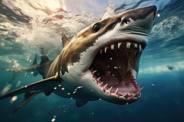 A shark is swimming with its mouth open, showing its teeth