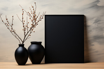 A black framed picture sits on a wooden table next to two black vases - obrazy, fototapety, plakaty