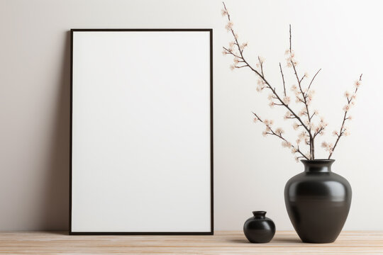 The empty frame and the vase with flowers create a sense of calm and serenity