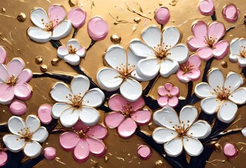 Abstract painted oil acrylic painting of white pink cherry flowers with gold details background wallpaper texture on canvasc