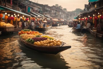 Obraz premium floating food market on the canal with boats full of food