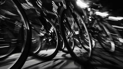 The wheels of multiple bikes in motion creating a sense of speed and energy.