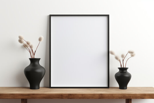 A black framed white picture sits on a wooden shelf next to two black vases