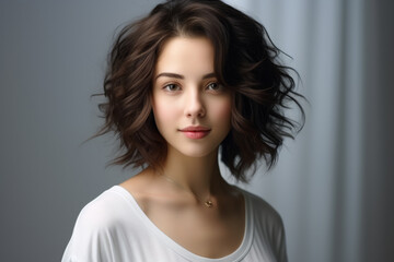 Fototapeta premium A woman with short brown hair and a white shirt