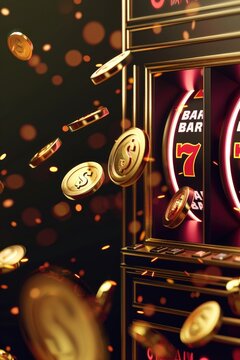 A slot machine with a lot of gold coins and a sign that says "Bar 7"
