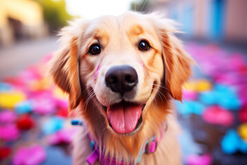 A happy golden retriever with pink lips is smiling at the camera
