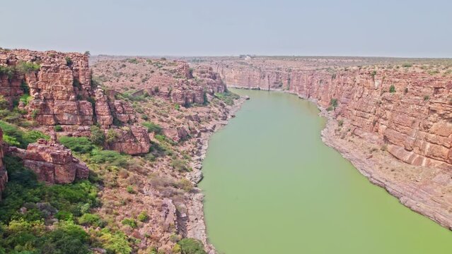 penna river going in between canyon at gandikota, kadapa, andhra pradesh , india, drone shot