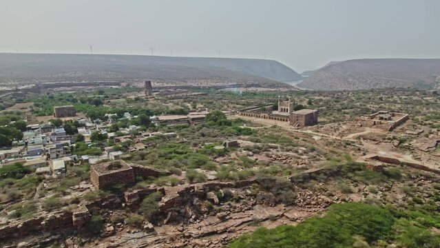 aerial view of gandikota  historical architectures at kadapa, andhra pradesh , india, pull back drone shot