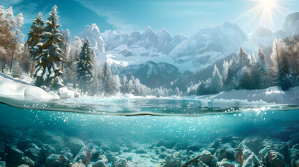 A split photo showing both above snow scene and below water