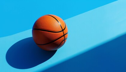 a single basketball on a blue background with copyspace