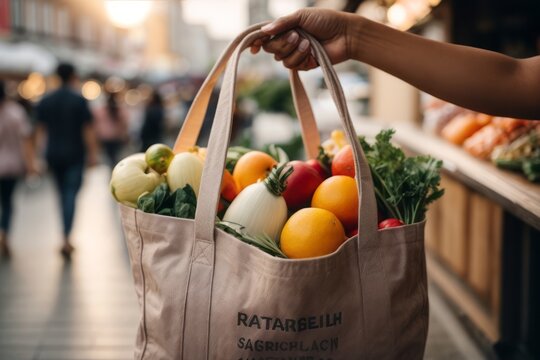 person holding reusable tote bag for shopping fruit and vegetables