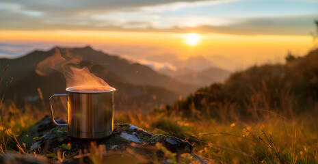 Steaming Coffee in Steel Mug Cup on a Mountain Top with a Beautiful Sunrise Sunset. Room for Copy Text.