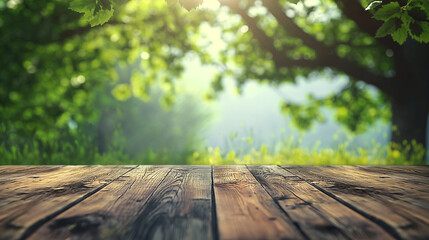 Empty wooden table with forest background - 762957109