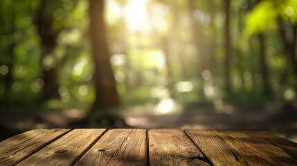 Empty wooden table with forest background