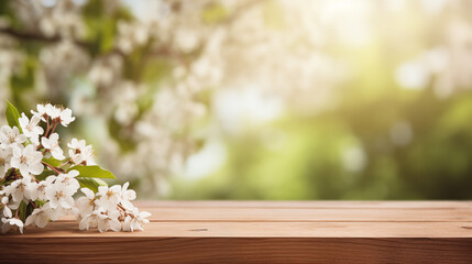 Empty table background with spring theme in background