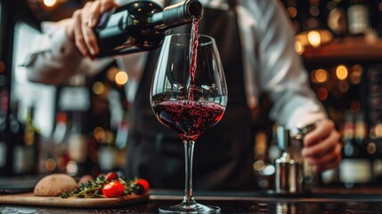 Close up of Waiter pouring red wine in a glass at restaurant.