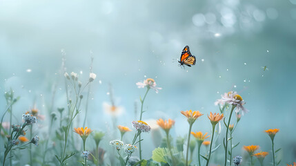 Butterfly flying over Wild flowers on the misty meadow field with, soft blue natural background