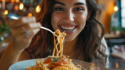 Close-up of happy woman eating pasta for dinner in cafe.