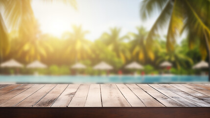 Empty wooden table with tropical beach theme in background