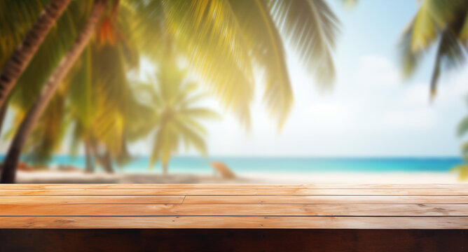 Empty wooden table with tropical beach theme in background