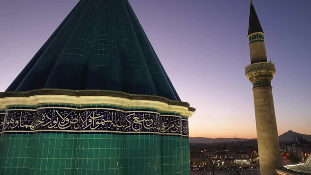 Mevlana Celaleddin Rumi Tomb and Mosque (Mevlana T&uuml;rbesi ve Cami) Night Lights Drone Video, Mevlana Konya, Turkiye (Turkey)	