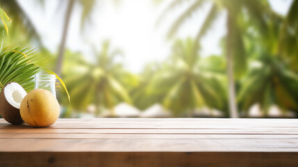 Empty wooden table with tropical beach theme in background - 762957545