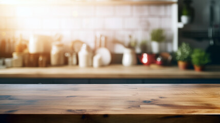 Empty old wooden table with kitchen in background