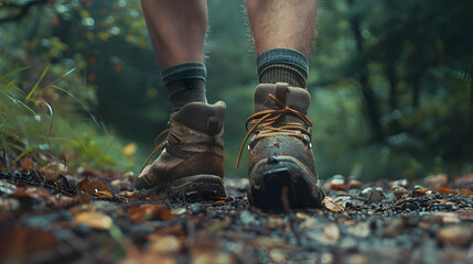 Close view of male legs hiking in nature