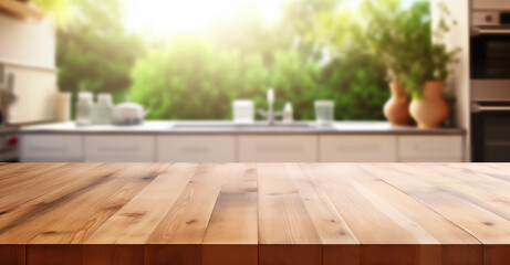 Empty old wooden table with kitchen in background - 762957589