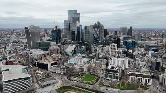 City of London UK skyscrapers in financial district, drone,aerial