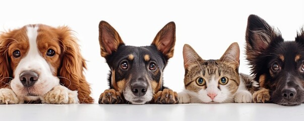 The picture of front view and close up of the multiple group of the various cat and dog in front of the bright white background that look back to the camera with the curious and interest face. AIGX03. - obrazy, fototapety, plakaty