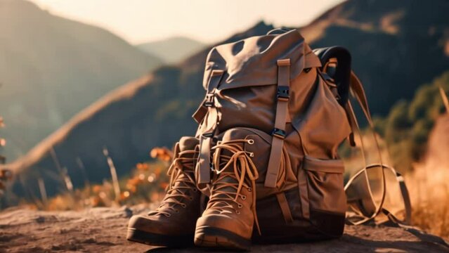 hiking concept,backpack and hiking boots at the base of a mountain trail, brown tones,