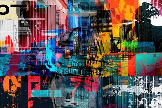 Vibrant and Energetic Urban Cityscape with a Splash of Colors and Overlapping Layers of Graffiti and Street Art, Illustrating the Dynamic and Diverse Cultural Tapestry of Modern Metropolis