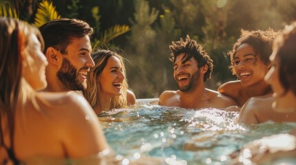 a group of friends having fun in a jacuzzi during summer - obrazy, fototapety, plakaty