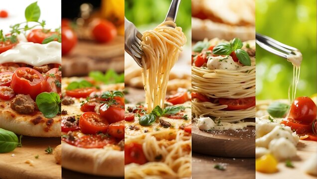 A collage of Italian dishes featuring pizza or spaghetti and sausage with herbs and tomatoes. generative AI
