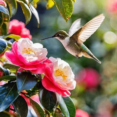 Fototapeta premium 동백꽃의 꿀을 먹기 위해 날고 있는 벌새를 포착.