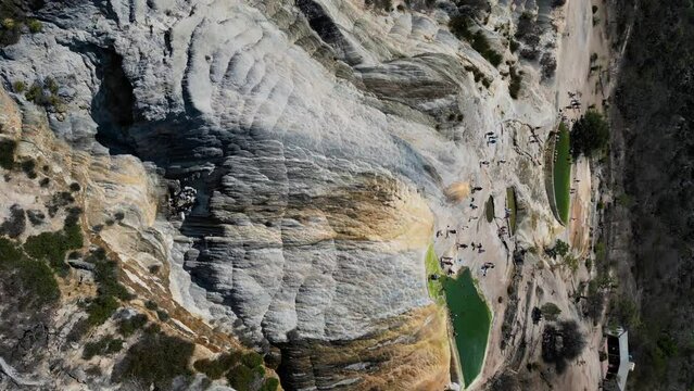Vertical drone shot of Hierve El Agua Waterfall In Mexico.