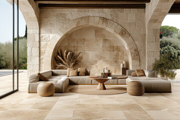 Living room in a modern sandstone mansion. - obrazy, fototapety, plakaty