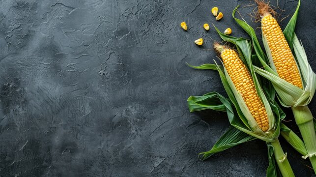 Fresh Corns on Black Stone Background Ideal Organic Food for Healthy Eating Lifestyle. Close-up Top View of Fresh Maize Cobs, Perfect for Nutritious Recipes and Food Photography
