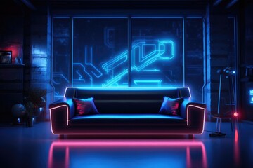 Obraz premium Futuristic living room with neon lights and modern furniture.