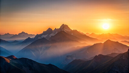 Mountain Sunrise/Sunset: A breathtaking view of the mountains bathed in the warm glow of dawn/dusk, with the sky painted in hues of orange and clouds drifting lazily overhead